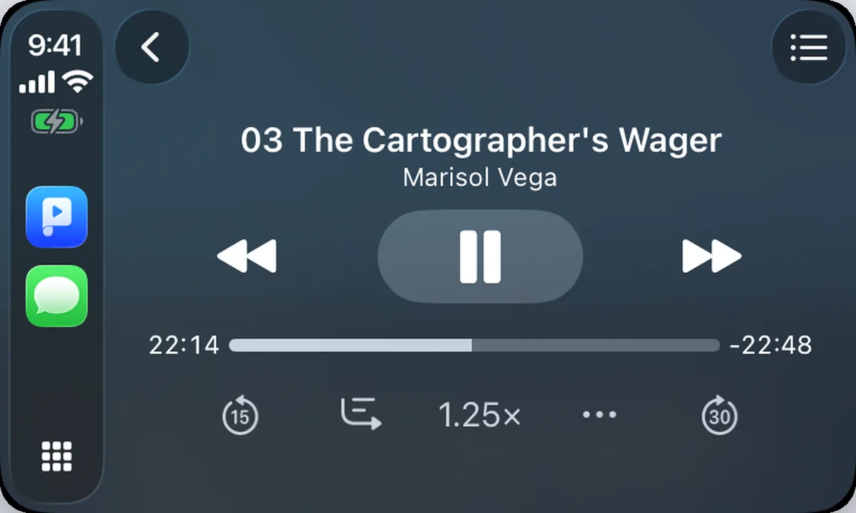 Played on a CarPlay screen, playing an audiobook chapter with transport controls, a progress bar, the play mode and a 1.25× speed button.