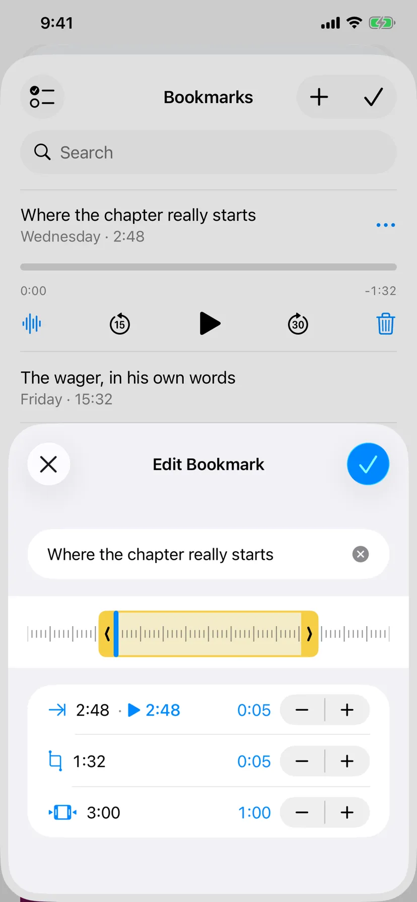 A bookmark open in Played's trim strip, with the selected window framed on the waveform ruler and start, duration and scale steppers beneath.