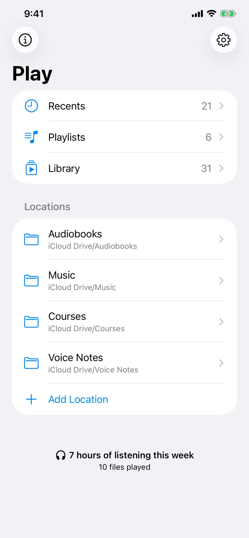 The Played home screen, listing Recents, Playlists and Library above four granted folders in iCloud Drive, with this week's listening time at the bottom.