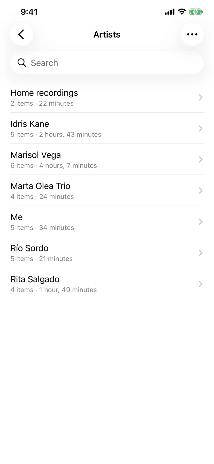 Played's Library browsing by artist, each row showing its item count and total time.