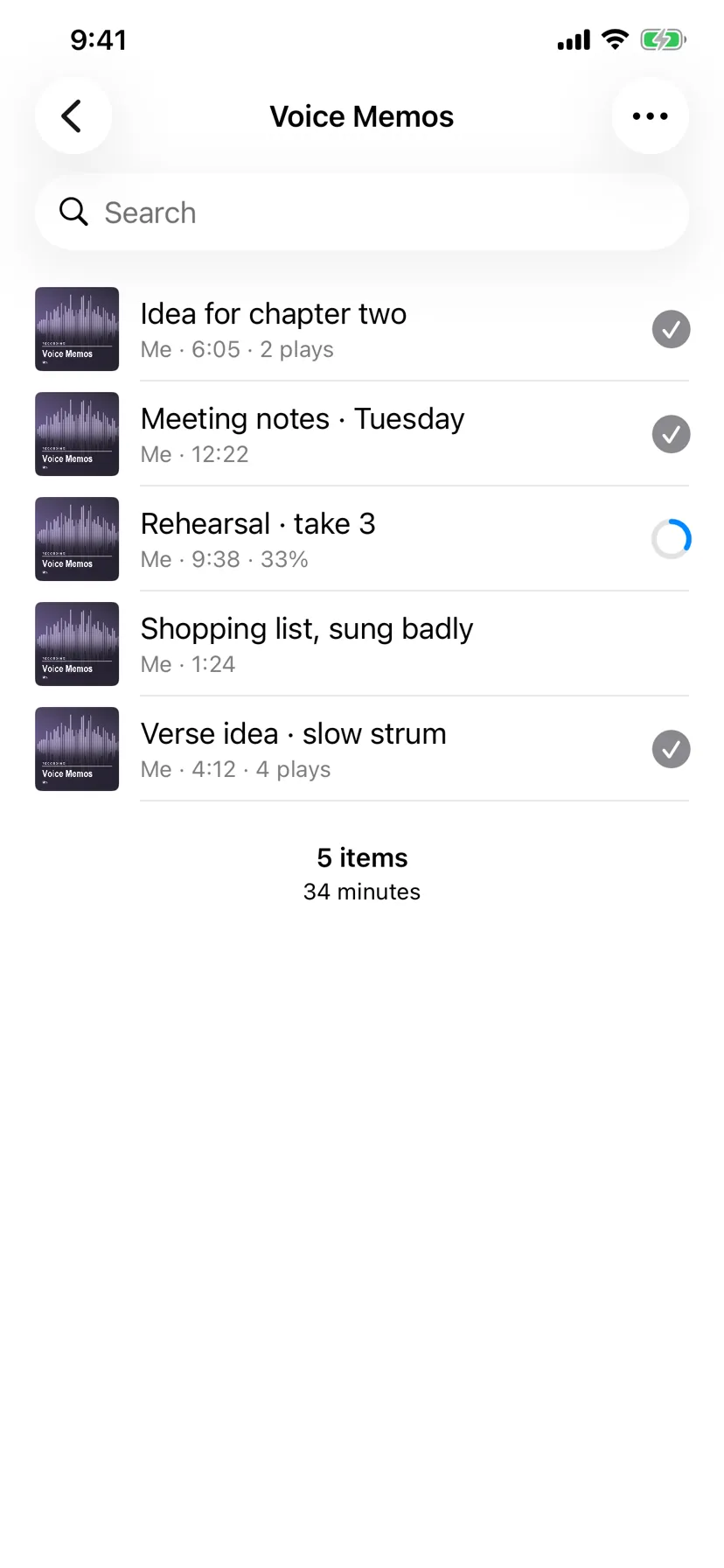 A folder of voice notes inside Played, each row showing its length and how much has been played.